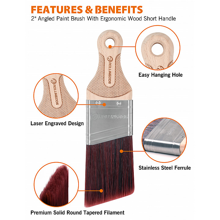 Кисть с короткой ручкой Rollingdog 50мм, угловой срез, синтетика, серия Professional, арт.10327 — изображение 3