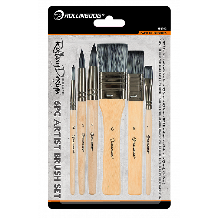 Набор кистей Rollingdog 4/8/8/10/15/25/мм, синтетика, серия Standard, арт.81462